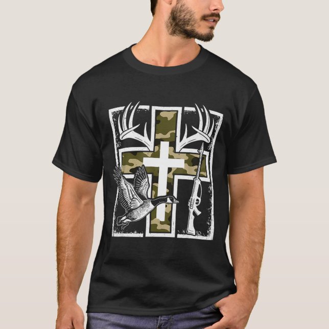 T-shirt Faith Fishing Hunting Camo Cross Duck Deer Christi (Devant)