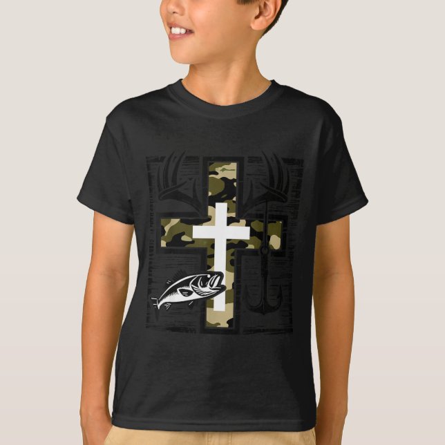 T-shirt Faith Fishing Hunting Camo Cross With Hook B Chris (Devant)