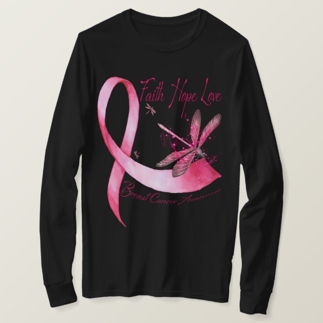 T-shirt Faith Hope Love Dragonfly Pink Ribbon Breast Cance (Design devant)