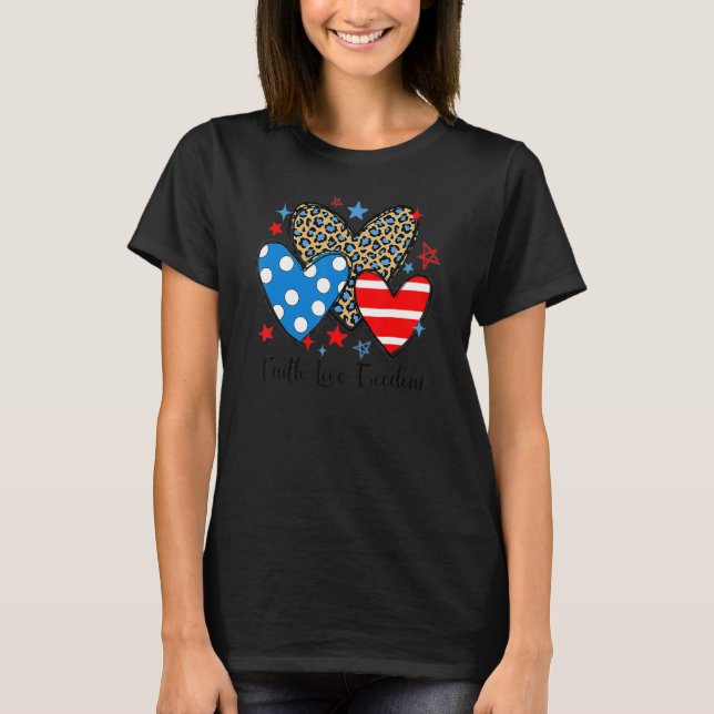 T-shirt Faith Love Freedom Leopard Hearts Patriotique 4e D (Devant)