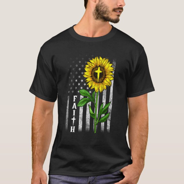 T-shirt Faith Sunflower Usa American Flag Cross Christian (Devant)