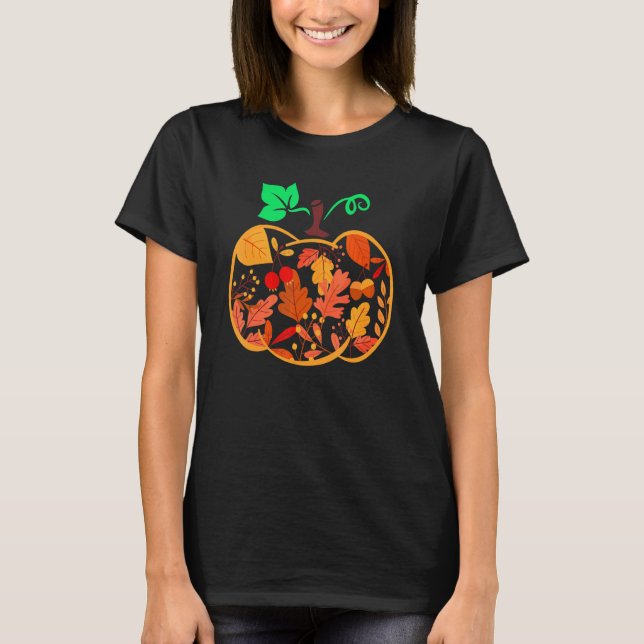 T-shirt Fall Floral Pumpkin Autumn Leaves For Halloween Th (Devant)