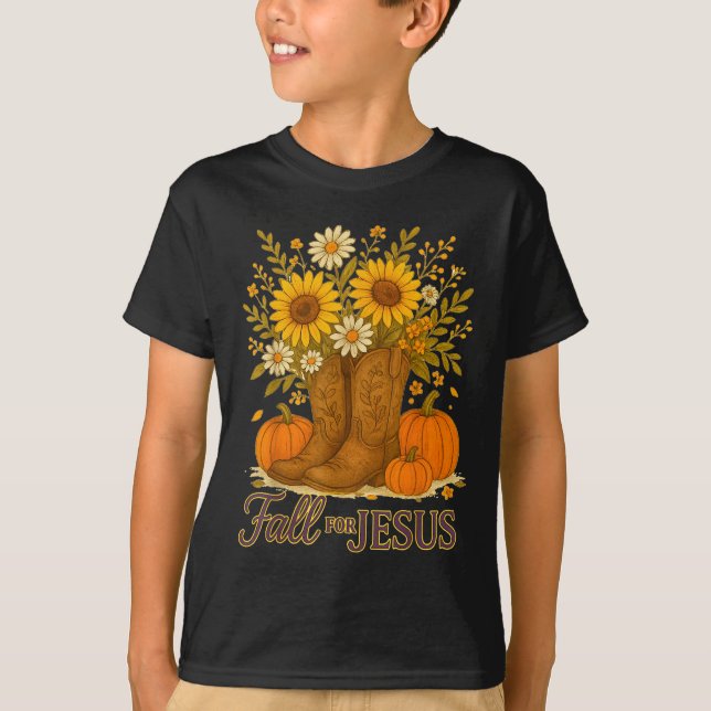 T-shirt Fall For Jesus Western Boots Pumpkin Floral Faith  (Devant)