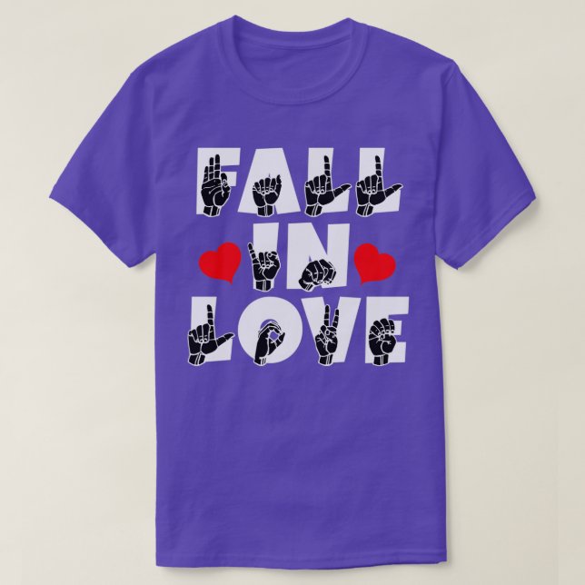 T-shirt FALL IN LOVE text and ASL Sign language design (Design devant)