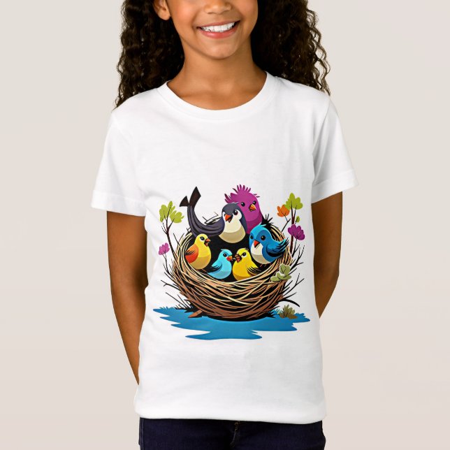 T-Shirt Famille adorable d'oiseaux dans le nid (Devant)