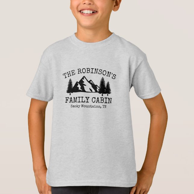 T-shirt Famille Cabines Arbres Montagnes Silhouette Design (Devant)