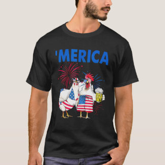 T-shirt Famille de poules buvant de la bière au drapeau am