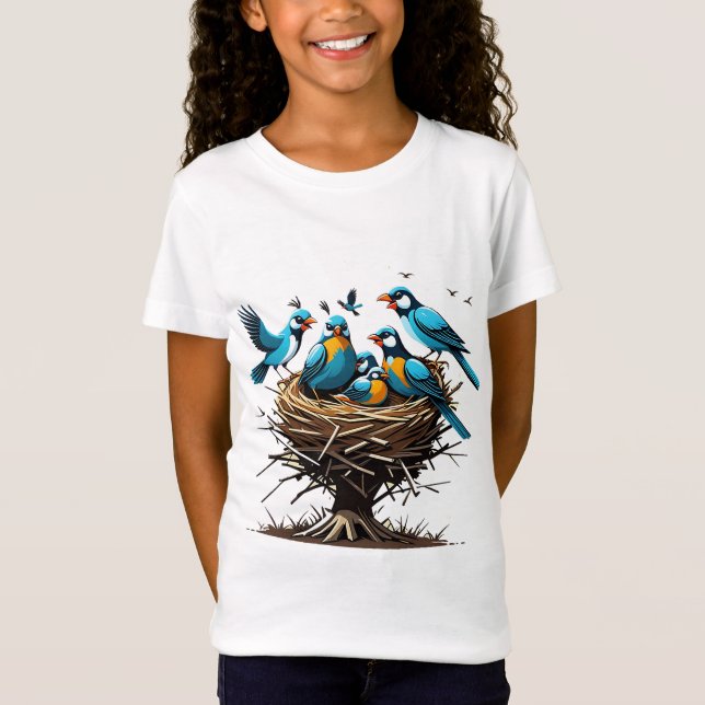 T-Shirt Famille d'oiseaux de coeur au nid (Devant)