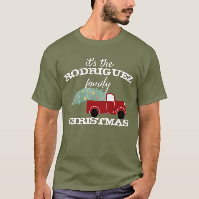 T-shirt Famille personnalisée Camion rouge de Noël et arbr (Devant)