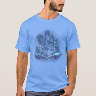 T-shirt famille tendance de la ville au néon bleu