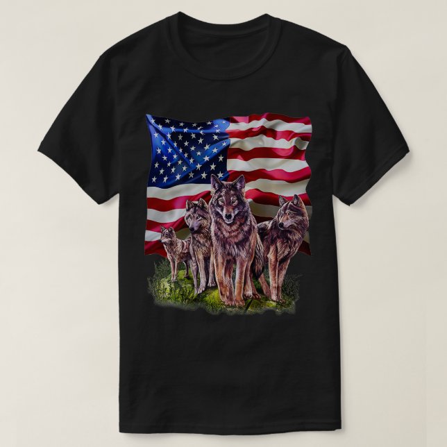 T-shirt Famille Wolf avec drapeau des Etats-Unis (Design devant)