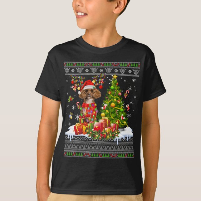 T-shirt Fantaisie Noël Lumières Poodé Chien Drôle Noël Fan (Devant)
