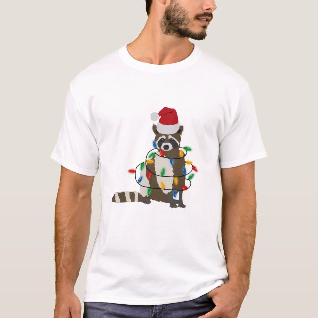 T-shirt Fantaisie Noël Raccoon Santa Hat Noël Lumières (Devant)