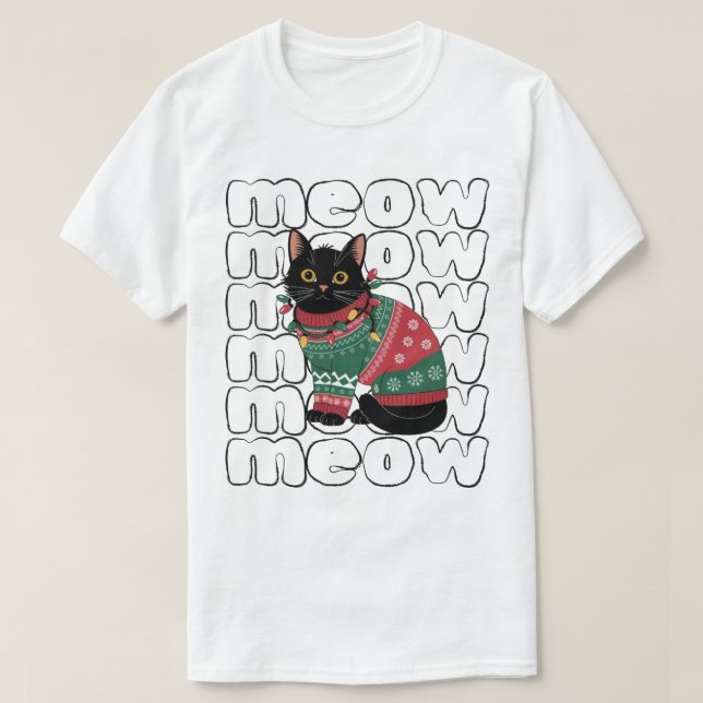 T-shirt Fantaisie Noir Chat Noël (Design devant)