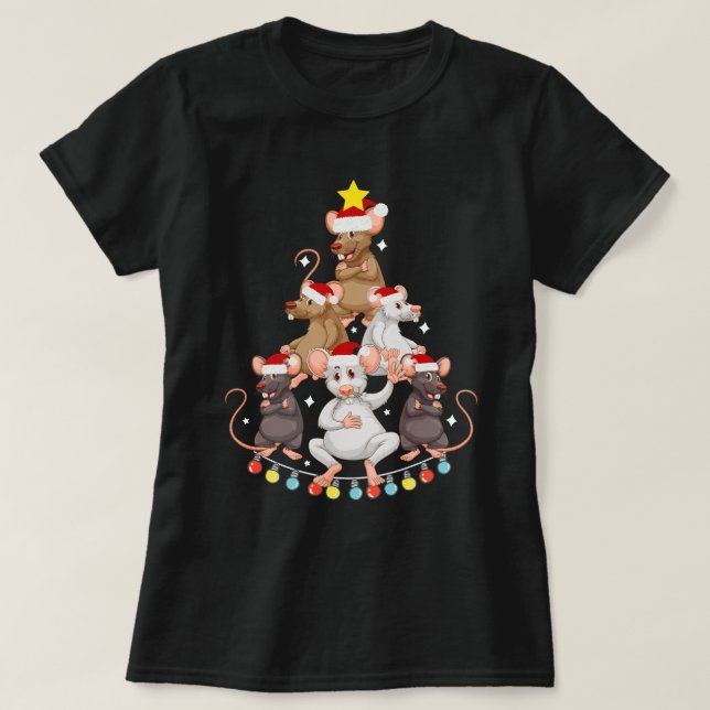 T-shirt Fantaisie Rat Noël Arbre Lumières Rat Lover (Design devant)