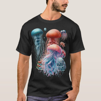 T-shirt Fantasy jellyfish in pastel turquoise and orange 