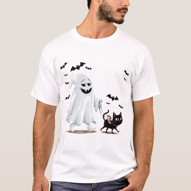 T-shirt fantôme avec chien de randonnée halloween (Devant)