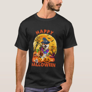 T-shirt Fantôme Citrouille Lune Sorcière Shiba Inu Chien H
