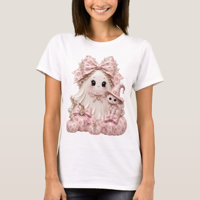 T-shirt Fantôme Coquette Rose Halloween Chat Sorcière Mign (Devant)