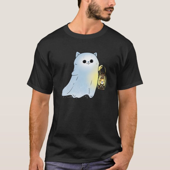 T-shirt Fantôme de chat mignon avec lanterne Spook fantôme (Devant)