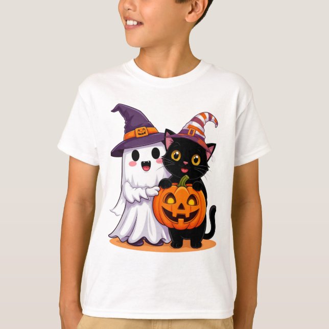 T-shirt Fantôme d'Halloween avec chat citrouille 👻 (Devant)