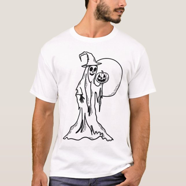 T-shirt Fantôme d'Halloween avec Citrouille (Devant)