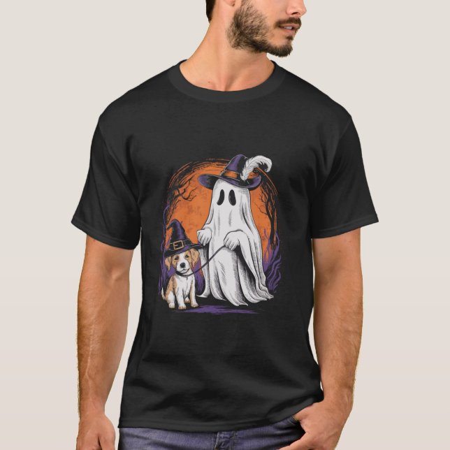 T-shirt Fantôme d'Halloween avec costume d'Halloween Chiot (Devant)