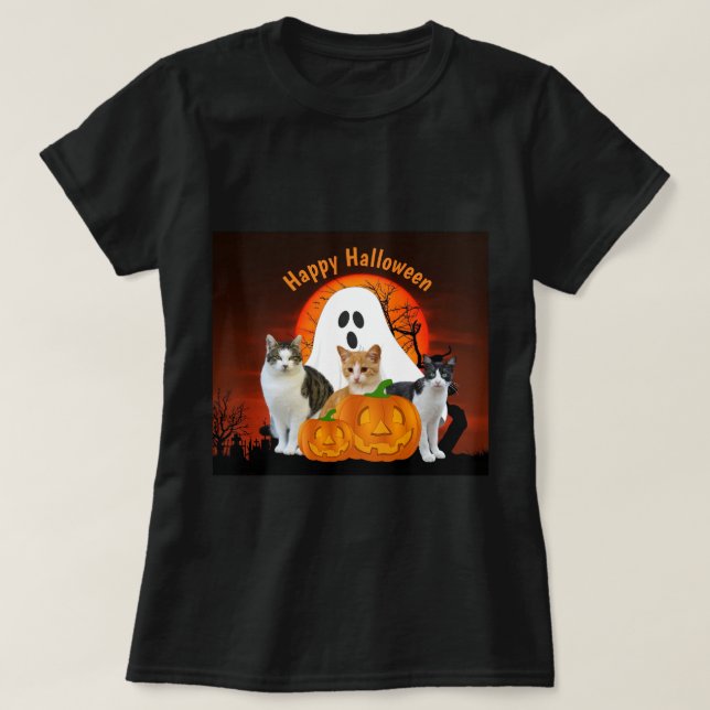 T-shirt Fantôme d'Halloween éffrayant et chats dans le cim (Design devant)