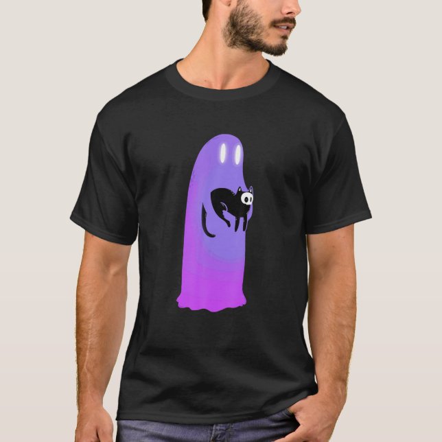 T-shirt fantôme effrayant tenant déplaisant chat noir mign (Devant)