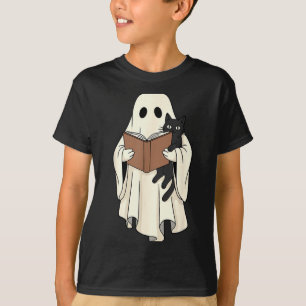 T-shirt Fantôme et chat noir lisant Halloween