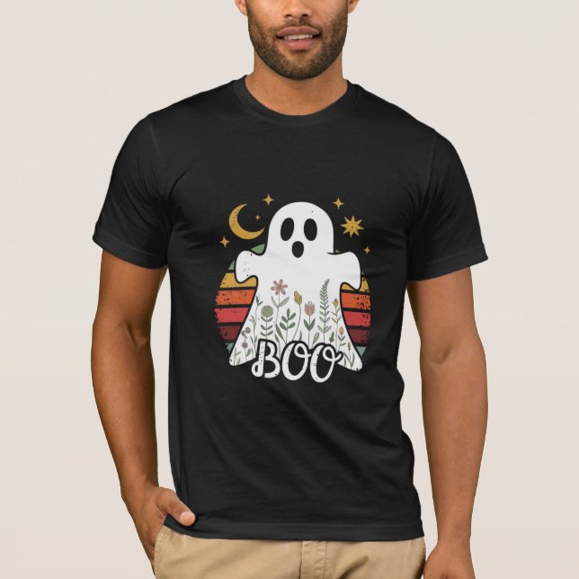 T-shirt Fantôme floral avec lune de croissant - Boho Boo V (Devant)
