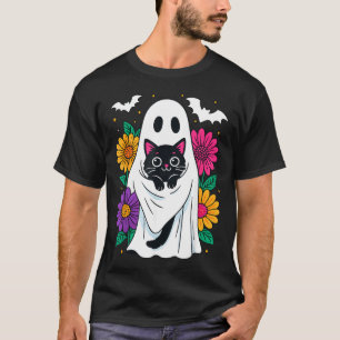 T-shirt Fantôme floral effrayant tenant un chat noir Hallo