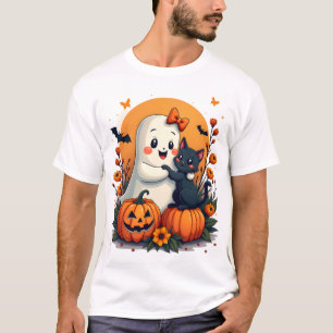 T-shirt Fantôme Halloween Vintage Tenant Chat Noir Groovy 