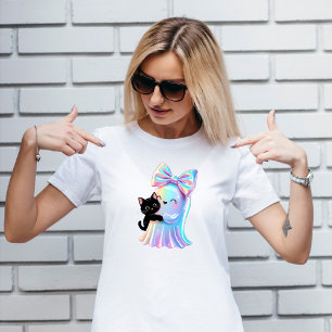 T-shirt Fantôme Iridescendant et chat noir mignonne Fille