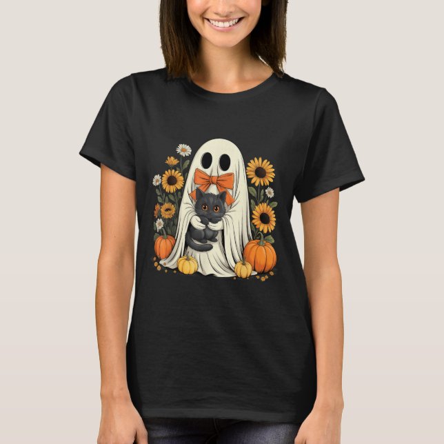 T-shirt Fantôme Mignon Avec Citrouille D'Halloween De Chat (Devant)