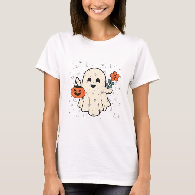 T-shirt Fantôme mignon avec Fleur et Halloween Citrouille (Devant)