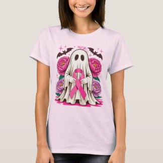 T-shirt Fantôme mignon avec Fleurs de ruban rose Cancer du