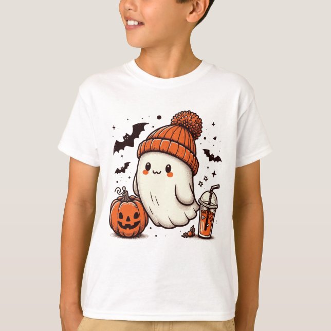 T-shirt Fantôme mignon avec Halloween Citrouille (Devant)