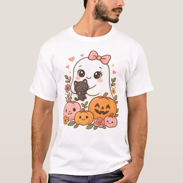 T-shirt Fantôme Mignon Halloween Chat Noir Citrouille Auto (Devant)