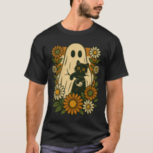 T-shirt Fantôme mignon tenant un chat noir floral groovy d