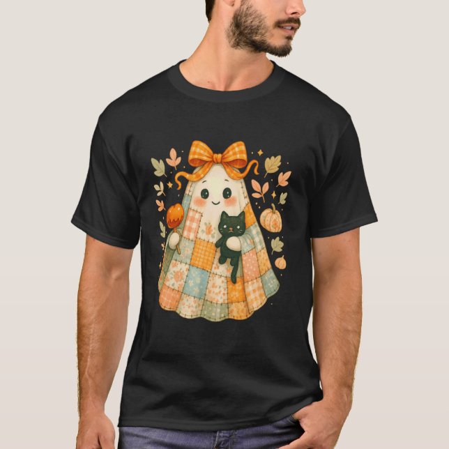 T-shirt Fantôme patchwork avec chat et pomme caramel (Devant)