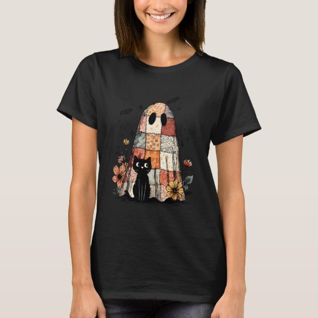 T-shirt Fantôme Patchwork Tenant Chat Noir Drôle d'Hallowe (Devant)