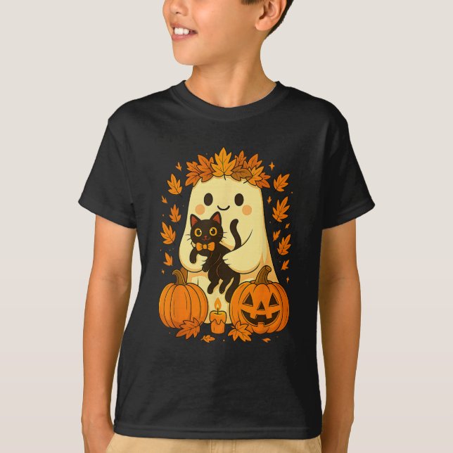 T-shirt Fantôme tenant Chat noir Halloween Citrouille Auto (Devant)