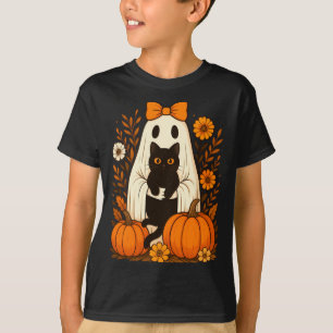 T-shirt Fantôme tenant un chat noir Fantôme mignon Floral