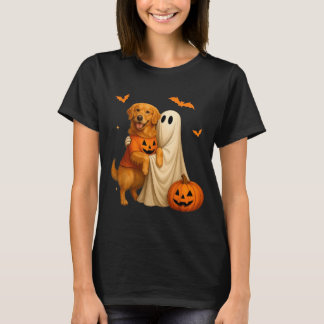 T-shirt Fantôme tenant un chien doré Halloween - Drôle de 