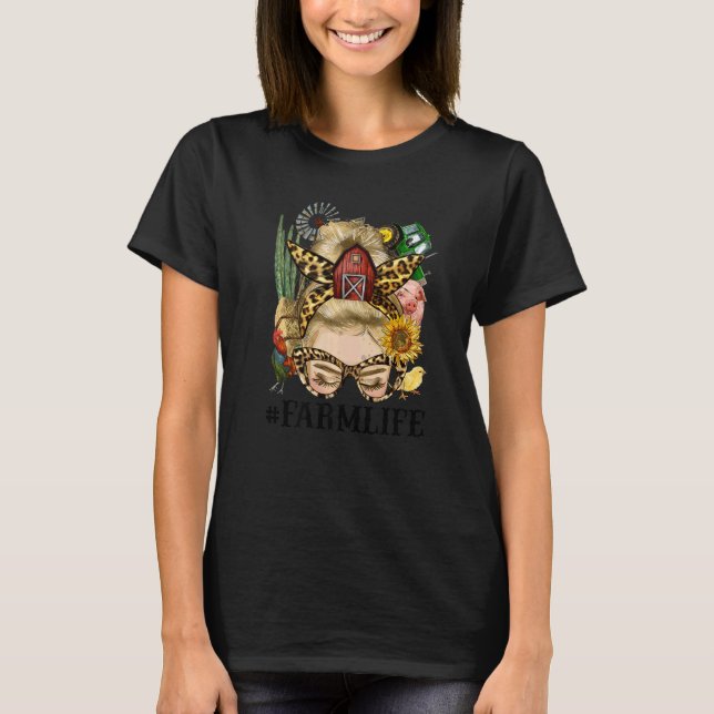 T-shirt Farm Life Blonde Messy Bun Mom Sunflower Farm Anim (Devant)
