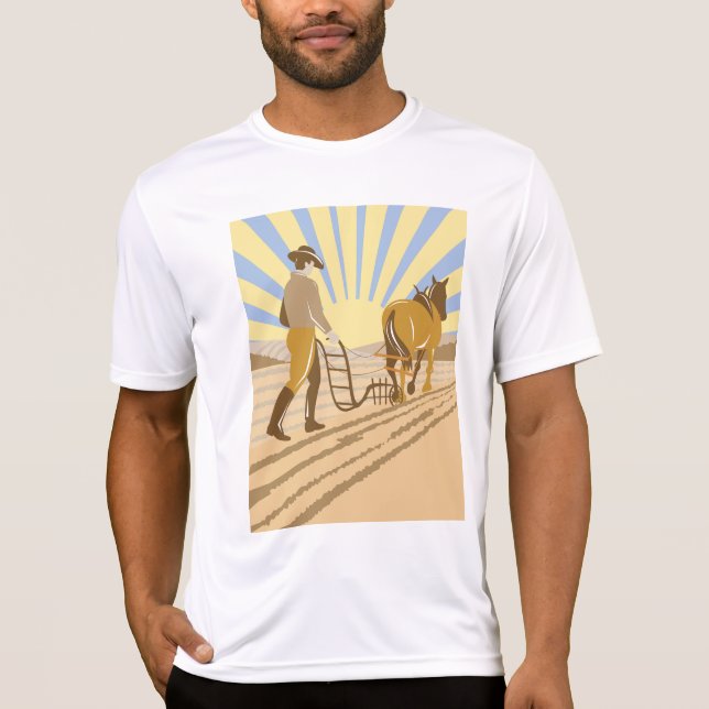 T-shirt Farmer and Horse Plowing Field Retro Sunrise (Devant)