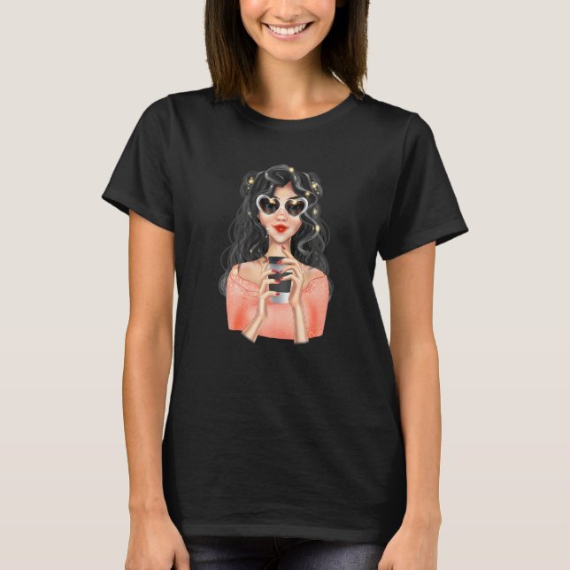 T-shirt Fashion Blonde Girl With Cup of Coffee with Black  (Devant)