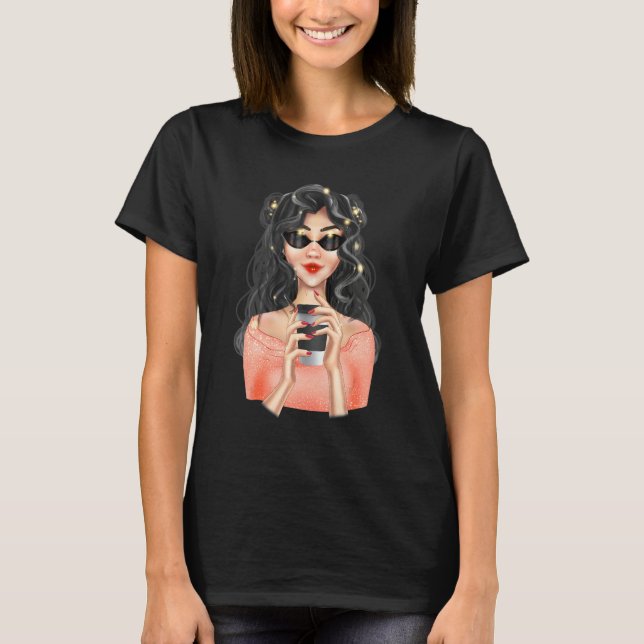T-shirt Fashion Blonde Girl With Cup of Coffee with Black  (Devant)