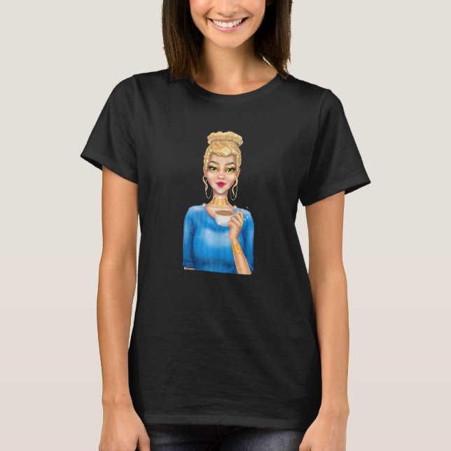 T-shirt Fashion Blonde Woman Holding Cup of Coffee Hand Dr (Devant)